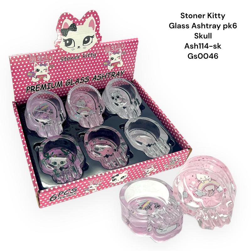 GS0046 - Ashtray ASH114-BAKED STONNED KITTY Glass Ashtray Pack Of 6 Skull New
